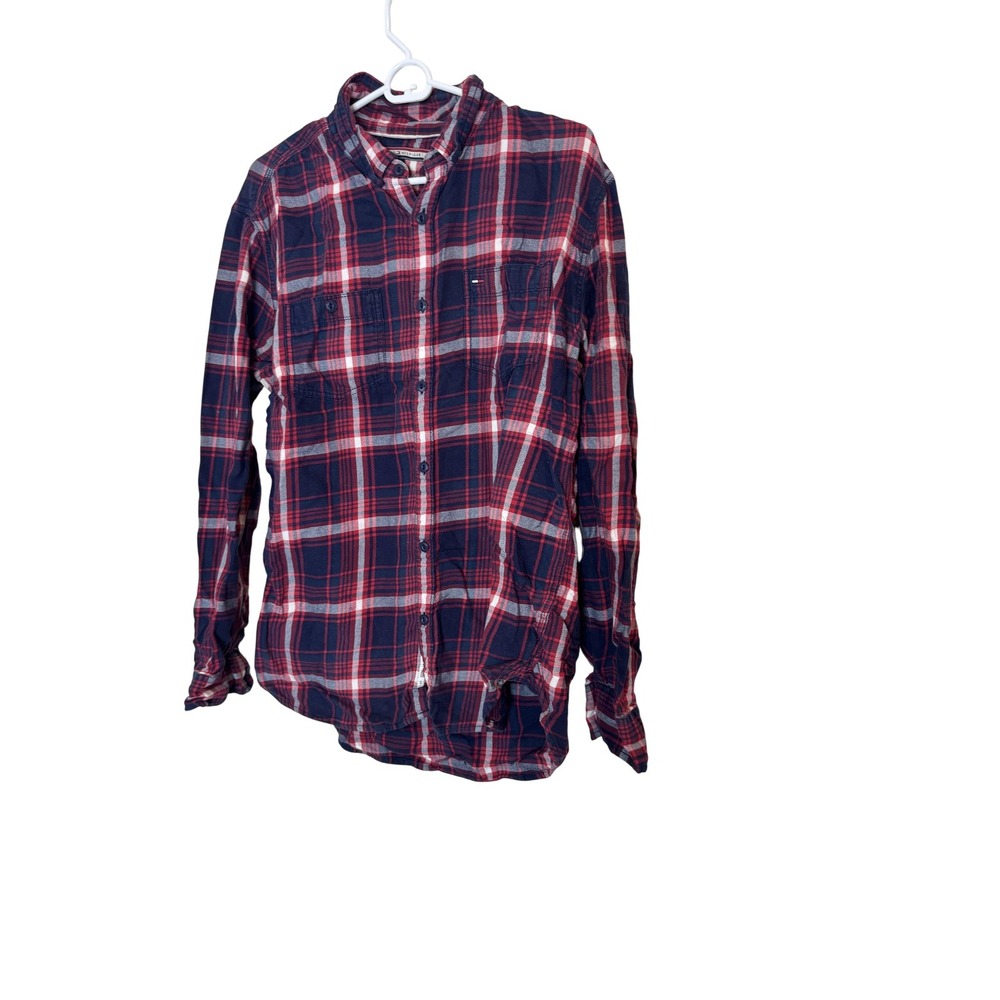 Tommy Hilfiger Shirt Mens Large Blue Red Plaid Flannel Button Up Casual Top‎